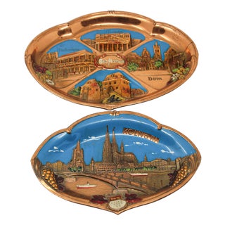 Hand-Painted Copper Plates, German Souvenir, Arts and Crafts Style For Sale