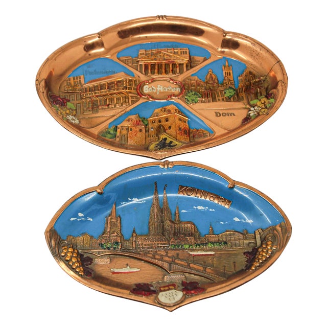 Hand-Painted Copper Plates, German Souvenir, Arts and Crafts Style For Sale