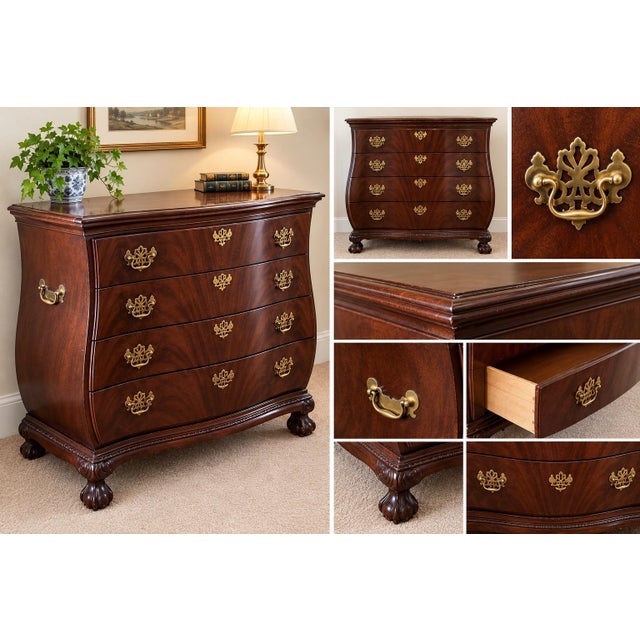 Signed by famous maker Drexel Heritage - Heirlooms collection, this mahogany bombe chest has carved claw and ball feet in...