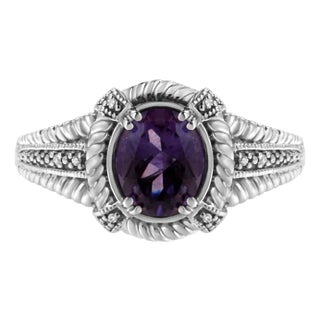 .925 Sterling Silver Prong Set Natural Oval Shape 9X7 MM Purple Amethyst Solitaire and Diamond Accent Ring - Ring Size 5 For Sale