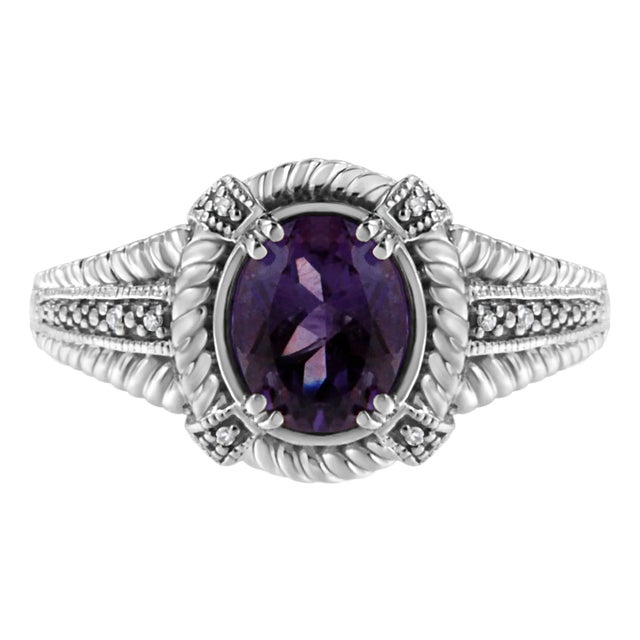 .925 Sterling Silver Prong Set Natural Oval Shape 9X7 MM Purple Amethyst Solitaire and Diamond Accent Ring - Ring Size 5 For Sale
