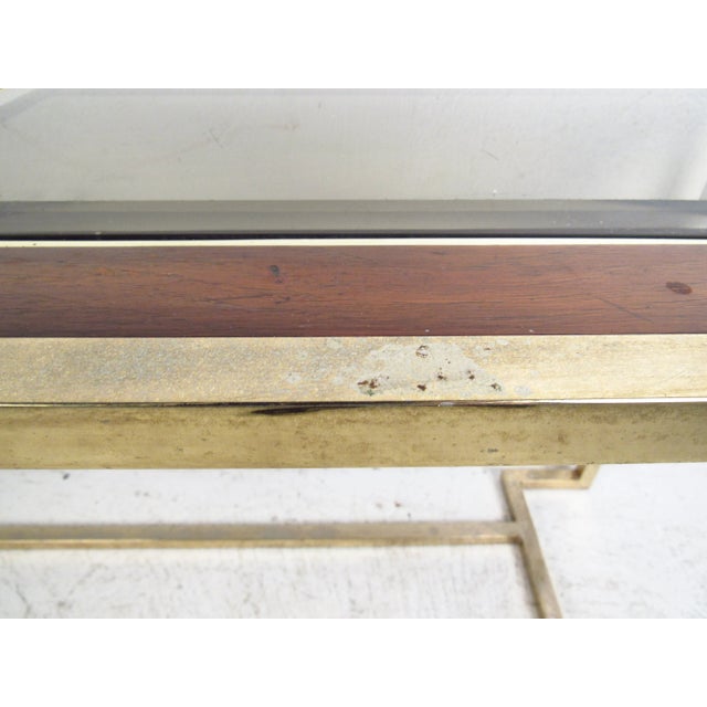 Brass Mid-Century Modern Brass and Walnut Console Table With Smoked Glass For Sale - Image 8 of 12