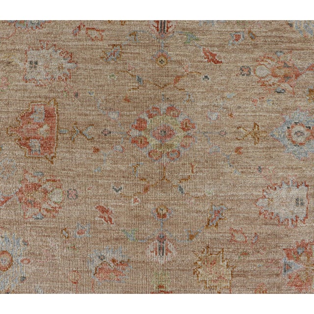Floral Turkish Angora Oushak With Sandy in Taupe Background and Cream Border 6'1 X 8'9 For Sale In Atlanta - Image 6 of 12