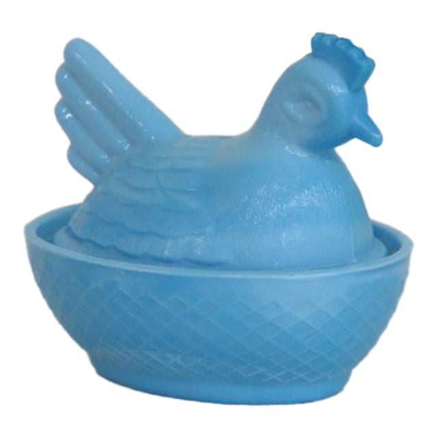 Blue Slag Glass Chicken Hen on Nest Small Covered Dish For Sale