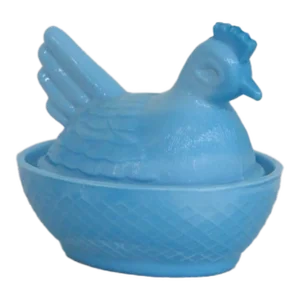 Blue Slag Glass Chicken Hen on Nest Small Covered Dish