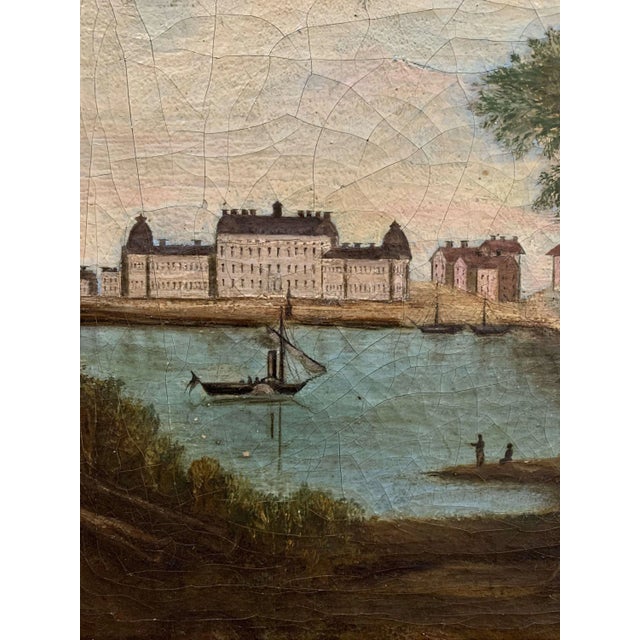 Charming naive Swedish oil on canvas of castle and lakeside scene of people boating and fishing in the foreground. The...