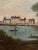 Charming naive Swedish oil on canvas of castle and lakeside scene of people boating and fishing in the foreground. The...