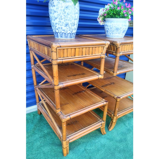 Vintage Rattan Bamboo Tiered Unique Extra Tall Side End Tables- a Pair ...