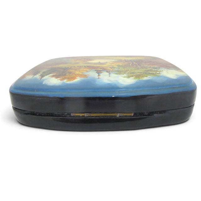 Russian Fedoskino Lacquer Mother of Pearl Hand Painted Landscape Box For Sale - Image 9 of 11