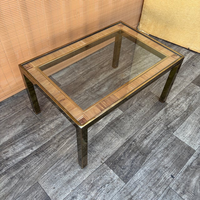 A Pair of Hollywood Regency Gold Brass and Wicker Side Tables in the Milo Baughman Style. C. 1970s For Sale - Image 10 of 18