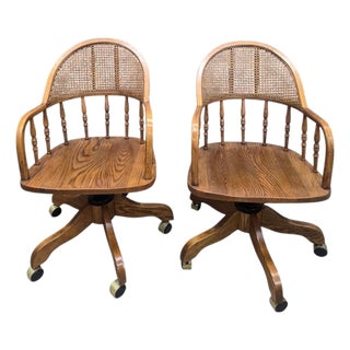 Vintage Cane Back Swivel Captain’s Desk Chairs by Min-Lee – Pair For Sale