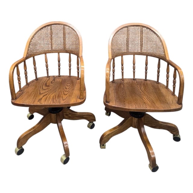 Vintage Cane Back Swivel Captain’s Desk Chairs by Min-Lee – Pair For Sale