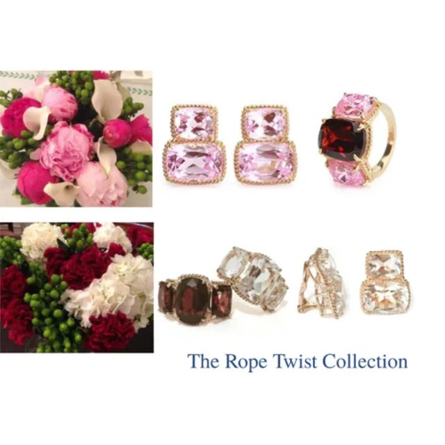 Christina Addison 18kt Yellow Gold Three Stone Ring With Pink Topaz and Blue Topaz and Rope Twist Border For Sale - Image 12 of 12