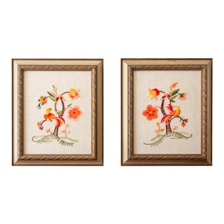 Vintage Framed Crewel Birds, Floral, Needlepoint, Wall Hanging, Art, Chinoiserie - a Pair For Sale