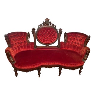 Late 19th Century Antique John Jelliff Renaissance Revival Settee With Jenny Lind Back Egyptian Busts For Sale