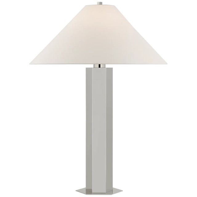 Olivier Medium Table Lamp in Polished Nickel with Linen Shade Designer: Paloma Contreras Height: 28" Shade Detail: 4.5" x...