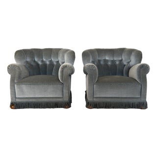 Danish Lounge Chairs in Grey-Blue Velvet in the style of Fritz Hansen, 1940s, Set of 2 For Sale