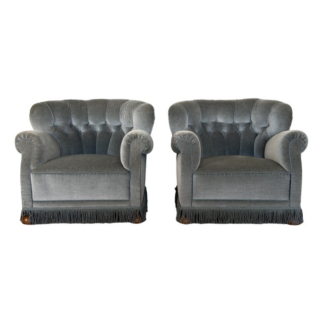 Danish Lounge Chairs in Grey-Blue Velvet in the style of Fritz Hansen, 1940s, Set of 2 For Sale