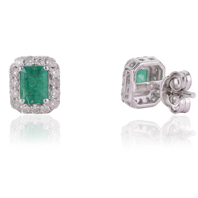 Art Deco Art Deco Octagon Cut Emerald & Diamond Halo Stud Earrings - 2 Pieces For Sale - Image 3 of 12