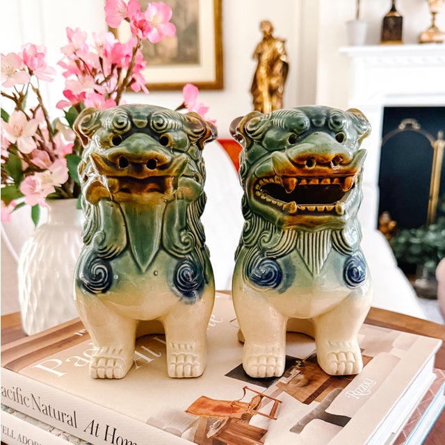 Late 20th Century Pair of Green & Blue Glazed Ceramic Foo Dog Figurines For Sale - Image 9 of 9
