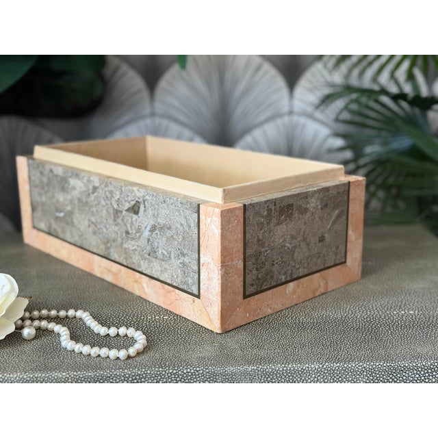 Stone Gray Vintage Mid-Century Modern Postmodern Tessellated Marble Mactan Stone and Brass Jewelry Trinket Lidded Box With Velvet Interior by Maitland-Smith For Sale - Image 8 of 12