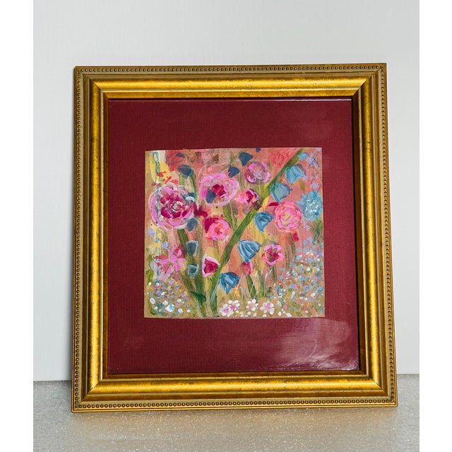 Abstract modern mixed media painting by Elia Blue Moon Garden in gold tone frame.