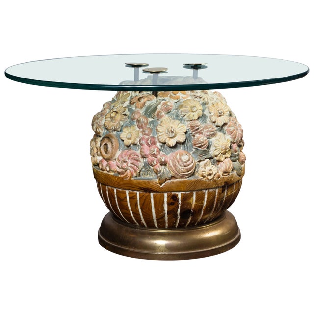 Hand Carved Wood Floral Ball Table by Sarreid Ltd For Sale