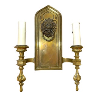 Large Heavy Antique Ornate Gothic Bronze Lion Head Electric Wall Sconce Fixture For Sale