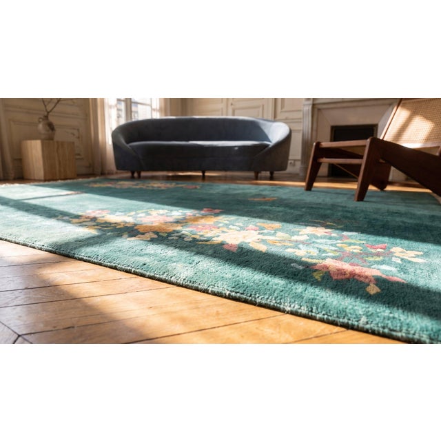 Textile 1930s Green Floral Antique Chinese Art Deco 4'2" X 5'10" Handknotted Wool Carpet For Sale - Image 7 of 8