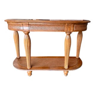 Vintage Oak Demi Lune Console Table-Rattan Shelf-Entryway-Coastal Boho-Sofa-Hall For Sale