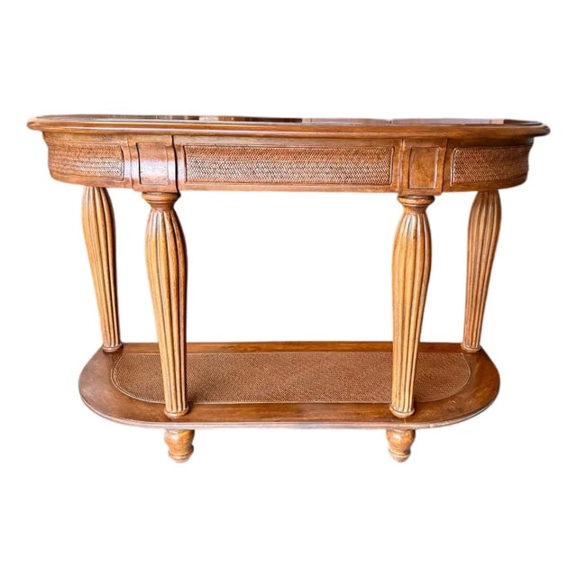 Vintage Oak Demi Lune Console Table-Rattan Shelf-Entryway-Coastal Boho-Sofa-Hall For Sale