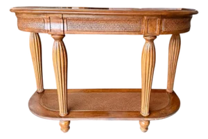 Vintage Oak Demi Lune Console Table-Rattan Shelf-Entryway-Coastal Boho-Sofa-Hall