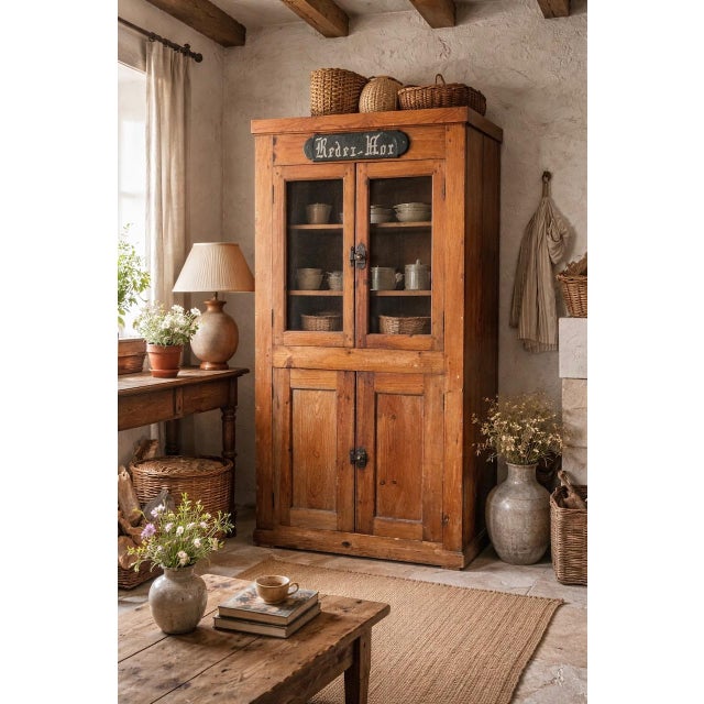 Impressive early 20th century Breton trade cabinet in solid pitch pine, featuring a beautiful warm patina and a strong...