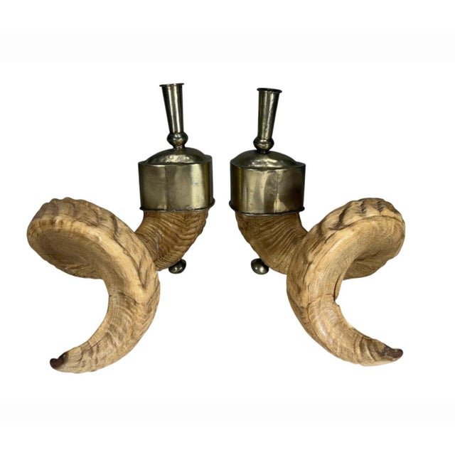 Mid 20th Century Mid 20th Century Pair of Ram Horns, Metal Lapis Lazuli Candlesticks For Sale - Image 5 of 12