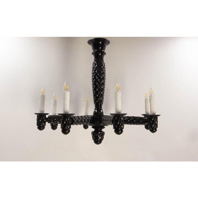 French Black Lacquered Wood Chandelier with Eight Lamps, 1940 For Sale - Image 3 of 13