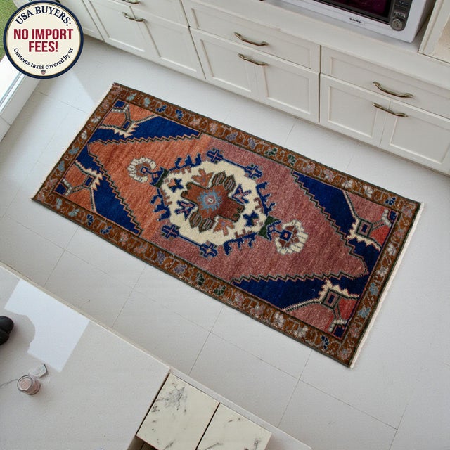 Textile 1970s Hand Knotted Turkish Small Rug Decorative Mat for Bathroom - Kitchen and Entryway- 18'' X 39'' For Sale - Image 7 of 14