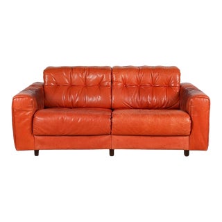 Mid Century Modern De Sede Orange Leather Loveseat Sofa For Sale