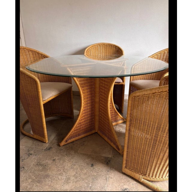 Wicker Rattan Table with Glass Top, 1980s For Sale - Image 4 of 5