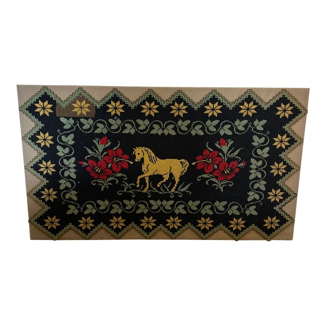 Vintage Needlepoint Textile Art - Horse & Floral For Sale