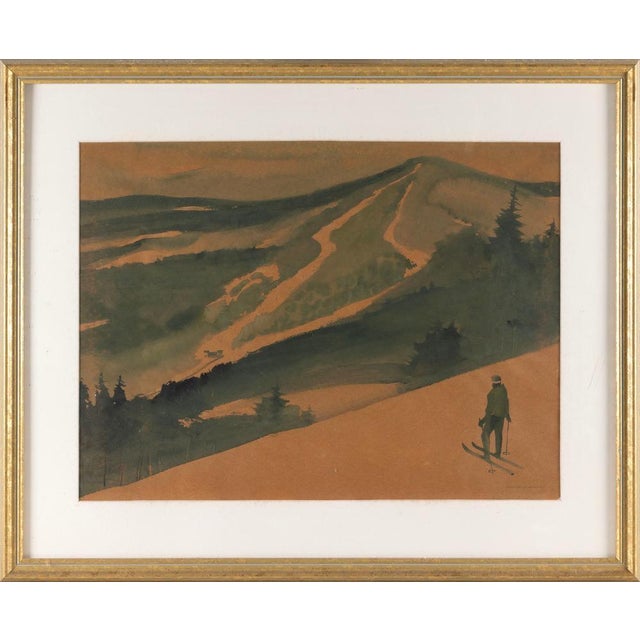 Mid 20th Century Winter Scene With Skier Watercolor For Sale