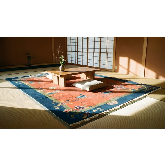 1920s Red Rustic Swan Floral Antique Chinese Art Deco Carpet 9' X 11'10" Knotted Wool Rug For Sale - Image 13 of 15