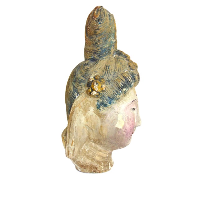 Asian Antique Hand Painted Hand Carved Polychrome Chinese Quan Yin Head 10"h For Sale - Image 3 of 8