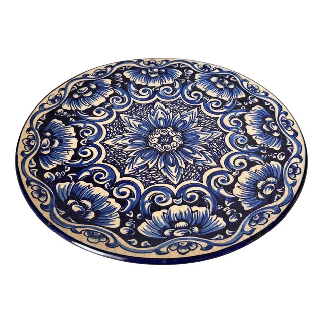 Large Italian Ceramic Serving Platter with Blue Floral & Botanical Motifs, 1970s For Sale