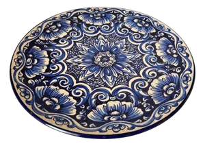 Large Italian Ceramic Serving Platter with Blue Floral & Botanical Motifs, 1970s