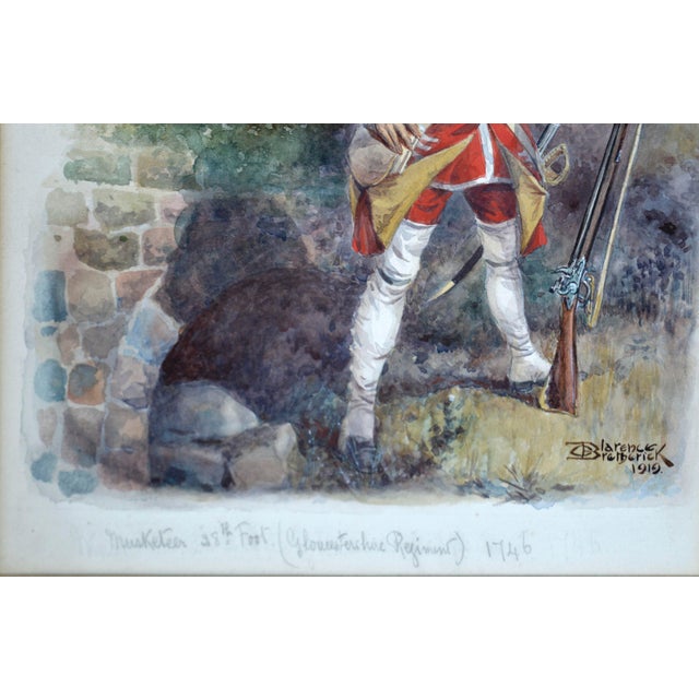 Musketeer 28th Foot (Gloucestershire Regiment) 1746 in Watercolor on Paper by Clarence F. Bretherick For Sale - Image 4 of 5