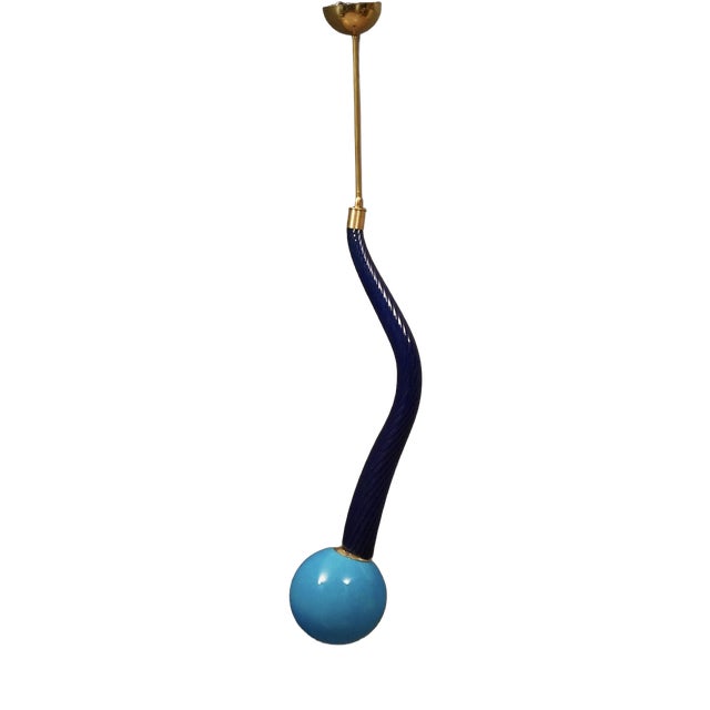 Murano Round Blue Glass and Brass Pendant Light, 1960 For Sale