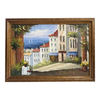 Late 20th Century Stunning Original Oil Painting On Canvas, Mediterranean Coastal Scene 29x41 For Sale