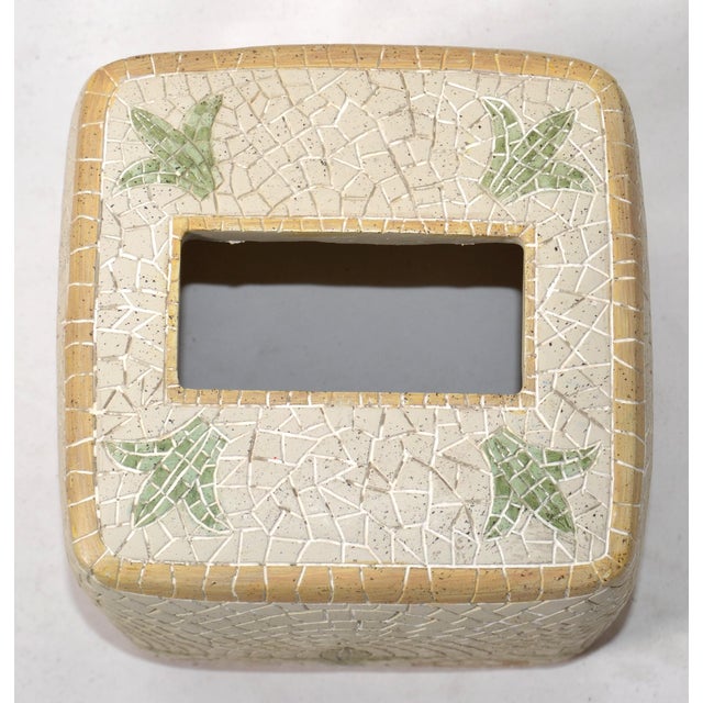 1980s Boho Chic Hand Painted Terrazzo Mosaic Cube Taupe Green Ceramic Tissue Box For Sale - Image 9 of 12