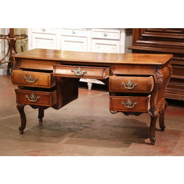 Late 18th Century 18th Century French Louis XV Carved Serpentine Cherry Desk With Parquetry Top For Sale - Image 5 of 13