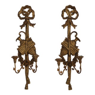 Pair Italian Gold Giltwood Regency Candelabra Wall Sconces For Sale